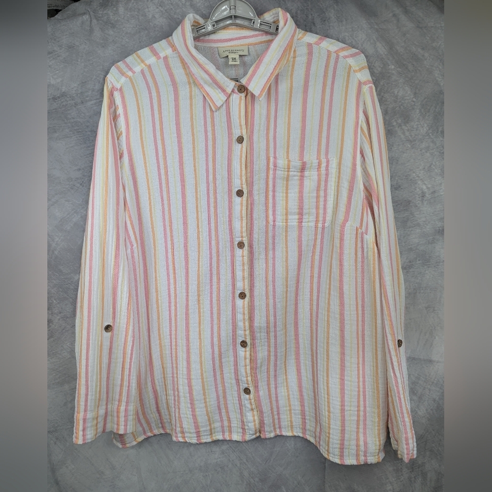 Appleseed's Women's 2X Guazy Button Down Shirt 2X White, Pink, Orange, Yellow